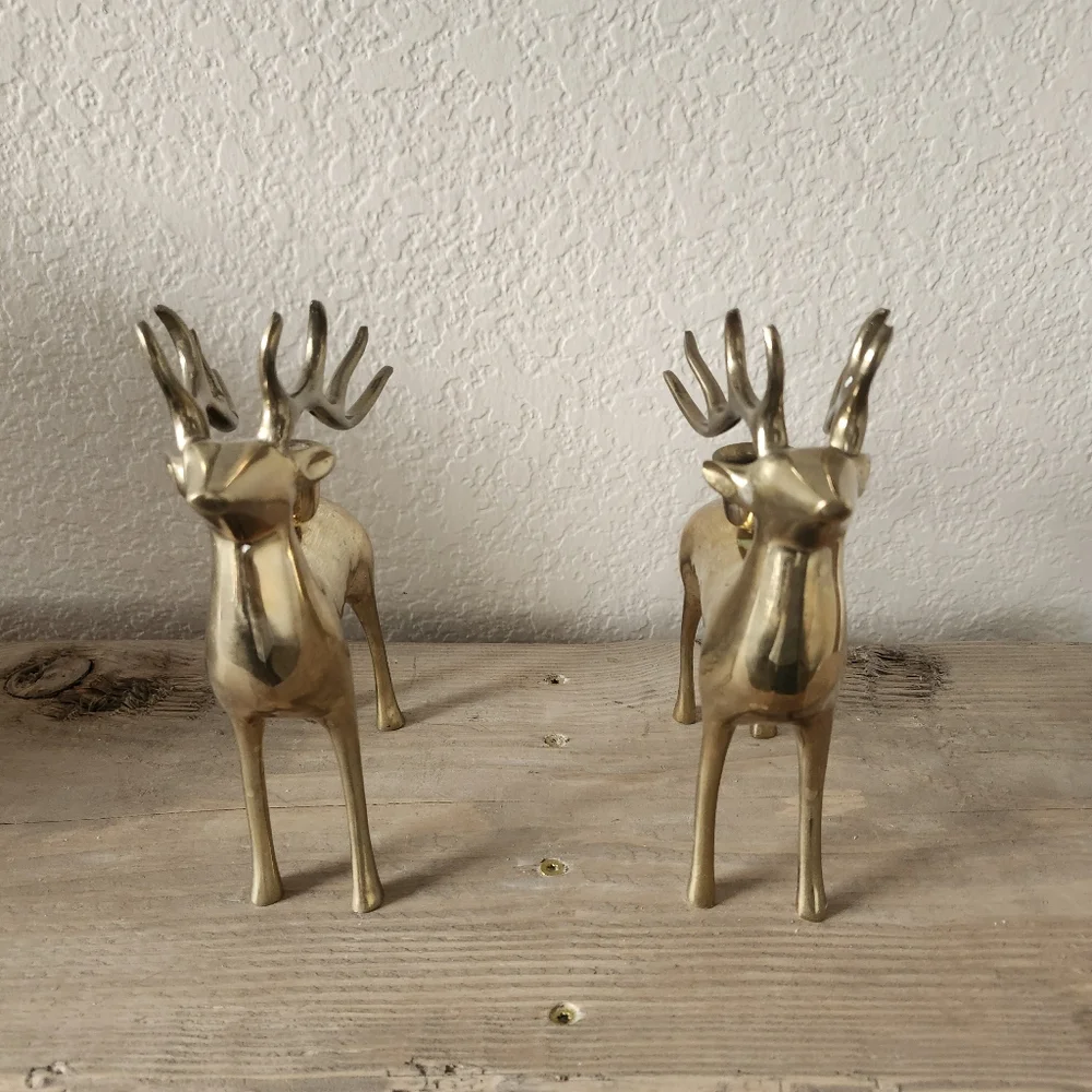 Lot of 2 Pottery Barn Brass Reindeer Candle Holders - Heavy Brass